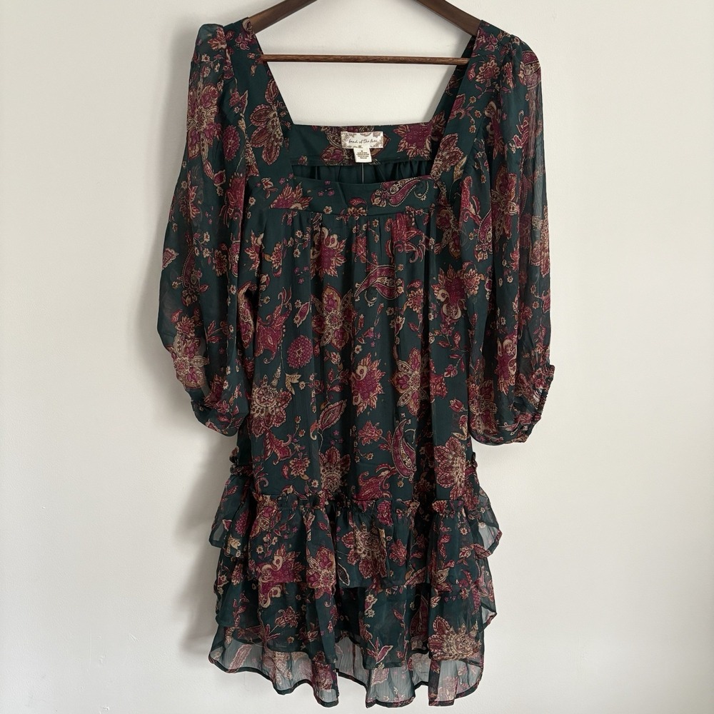 NWT Band of the Free Womens Mandy Mini Dress Size M Green Paisley Sheer Tiered - Picture 1 of 9